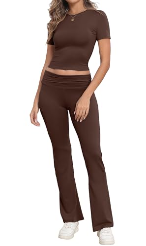 IWOLLENCE Lounge Set Damen Zweiteiler Hausanzug Kurzarm Oberteil mit Breitem Elastischem Hosenbund Schlaghose Loungewear Set (Dunkelbraun, S)