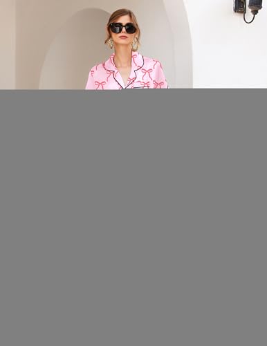 Image of Ekouaer Womens Silk Satin Pajama Sets Soft Short Sleeve Button Down Sleepwear Top and Shorts 2 Piece Pjs Lounge Set