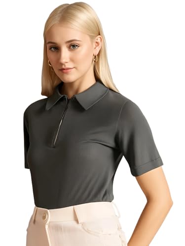 Image of Mack Jonney Ribbed |Regular Fit | Half Sleeves 100% Cotton Polo Neck Self Design with Zip T-Shirt for Women-M950