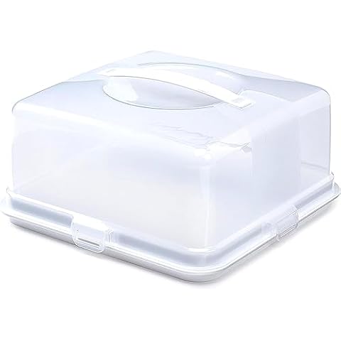 St@llion 30cm Portable Plastic Square Large Cake Buns Box Carrier Storage Container with Handle Lockable Lid Transparent Cover with 4 Locking Clips Cover