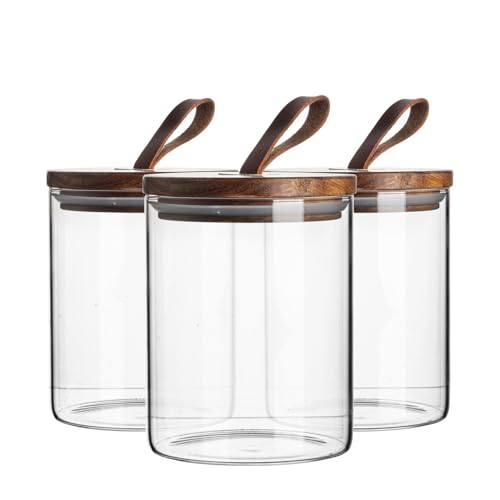 Argon Tableware Scandi Storage Jars with Leather Loop Lids - 750ml - 3 Pack - Modern Round Organisation Container Glass Jar for Kitchens, Pantry, Bathrooms, Utility Rooms - Cosy Home Interiors Argon Tableware Scandi Storage Jars with Leather Loop Lids - 750ml - 3 Pack - Modern Round Organisation Container Glass Jar for Kitchens, Pantry, Bathrooms, Utility Rooms