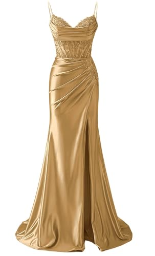 YIANN Robe de bal en satin à bretelles spaghetti pour femme avec fente en dentelle appliques sirène longue robe de bal formelle, doré, 44