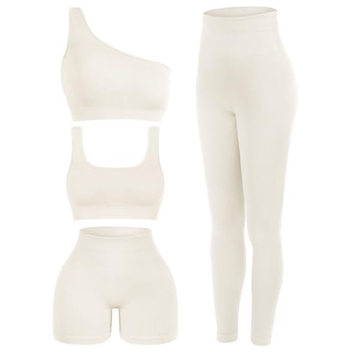 4 Pcs Women's Workout Sets Pilates Exercise Outfit Ribbed Scoop Neck Sports Bra Shorts Leggings Gym Clothes Set