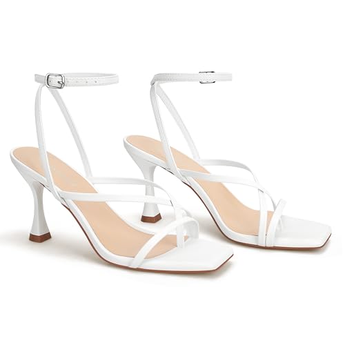Image of Women's Strappy High Heels Sandals Square Open Toe Ankle Strap Slingback Thong Stilettos Shoes for Wedding