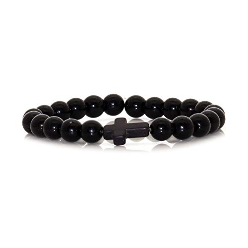 Image of Xusamss Fashion Religious Cross Bracelet 8mm Tiger Eye Turquoise Beads Elastic Bracelet,7 1 /2 wrist