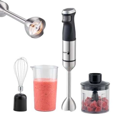 FAGOR Divamix Steel - Batidora de Mano 1500W de Alto Rendimiento, Velocidad Regulable + Turbo, Pack 3 en 1 con Picadora, Varilla Montaclaras y Vaso Medidor 700ml, Acero Inoxidable, Gris.