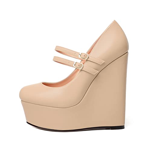 MERRORI Womens Buckle Platform Matte Cute Adjustable Strap Round Toe Solid Party Wedge High Heel Pumps Shoes 6 Inch2