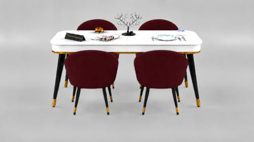 Image of WOODEN SPACE Majestic 4 Seater Wooden Dining Table Set | Urban Marble Top Dining Table with Chairs for Dining Room & Kitchen (Modern Classic Maroon) (54 x 36 x 30 inch)