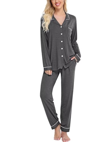 Image of SWOMOG Pajamas Women's Long Sleeve Sleepwear Soft Button Down Loungewear Pjs Set Nightwear S-XXL Green Plaid