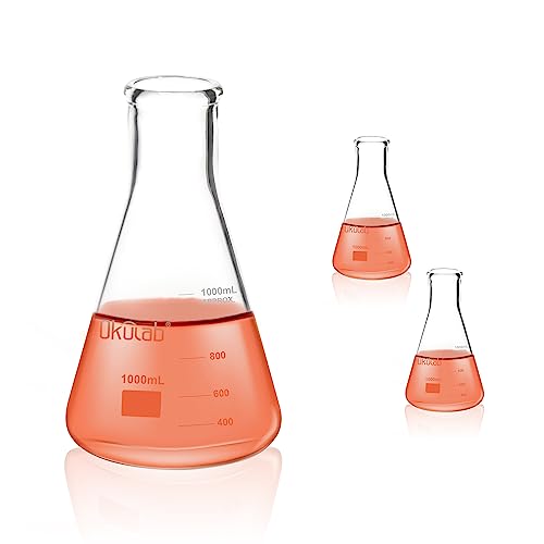 Okulab Conical Flask Set Glass Erlenmeyer Flasks, 2pcs of Vol.1000ml, Borosilicate 3.3 Glass Material with Printed Graduation, EFNG1000A2
