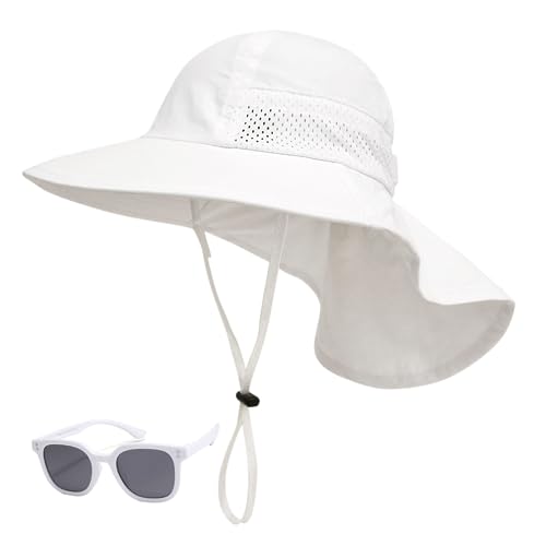 Image of Baby Sun Hat Toddler Kids Boys Girls Wide Brim Beach Hats with Sunglasses UPF 50+ Plain Caps with Neck Flap