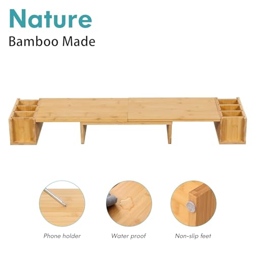 Image of VBM Monitor Riser Stand Bamboo Computer Laptop, Printer, PC with Storage Slot Adjustable Desktop Stand For Home , Office (wooden monitor stand with drawer)