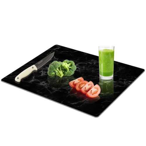 Yuzeyurun Tempered Glass Cutting Board for Kitchen, 16"x12" Black Marble Cutting Board, Glass Chopping Board with Anti-Slip Feet, Heat Resistant, Shatter Resistant,Dishwasher Safe