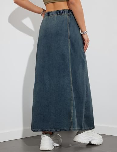 Perbai Womens Long Denim Skirt Elastic High Waist A Line Loose Maxi Jean Skirt with Pockets2