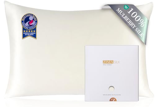 ZIMASILK 100% Pure Mulberry Silk Pillowcase for Hair and Skin Health,Soft and Smooth,Both Sides Premium Grade 6A Silk,600 Thread Count,with Hidden Zipper,1pc(Standard 20''x26'',Ivory)