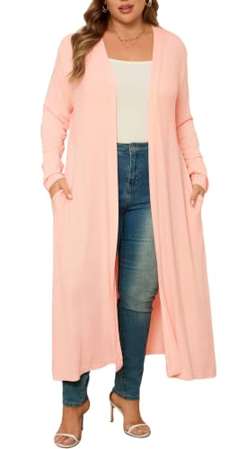 Image of Women Plus Size Floor Length Open Front Drape Cardigan Lightweight Long Sleeve Maxi Duster with Pockets 1X-5X