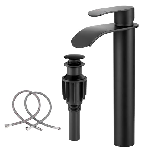 Vessel Sink Faucet Black for Bathroom：WOWOW Single Handle Tall Bathroom Faucet - Waterfall Single Hole Mixer Bar Tap with Large Rectangular Spout, Deck Mount Lavatory Vanity with Pop Up Drain