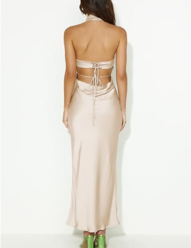 Image of Women Summer Satin Halter Neck Backless Formal Wedding Guest Maxi Dress | Silk,High Neck,Sexy,Cowl back,Tie,Elegant,Cocktail,Bridesmaid,Beach,Vacation,Party,Graduation,Gift,Spring,Blue,Party