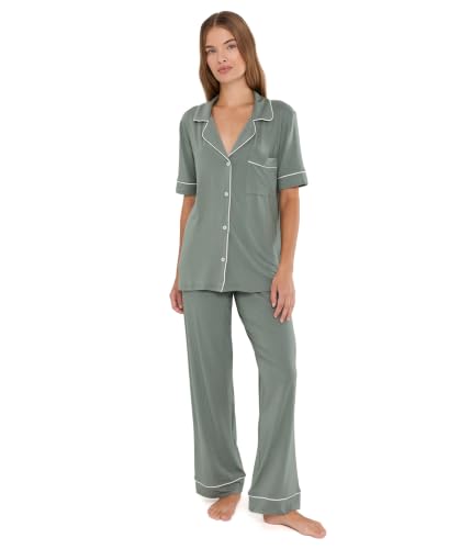Image of Eberjey Womens, Gisele TENCEL Modal Short Sleeve & Pant PJ Set, Desert Sage /Ivory, Medium