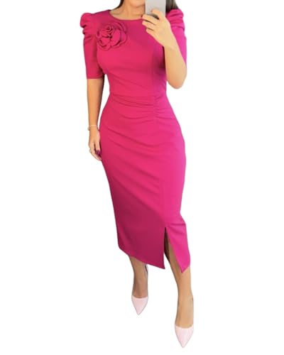 CHICME Women's Bodycon Midi Dress Ruched Puff Sleeve Bodycon Midi Dress Cocktail Party Work Dress Hot Pink Dress for Women-L