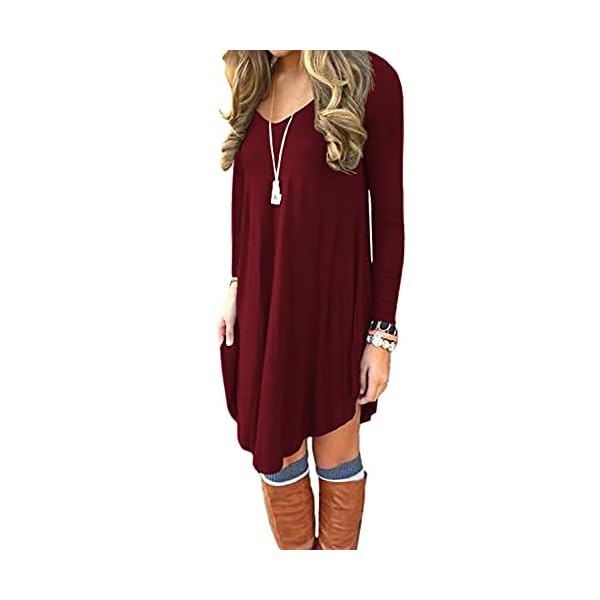 DEARCASE Women's T-Shirt Dress Wine Red Medium V-Neck Spring Winter Casual Loose Long Sleeve Fall Wedding Guest Knee Length Jersey Flowy Stretch Solid A-Line Tunic Swing Sweater Tunic Dresses