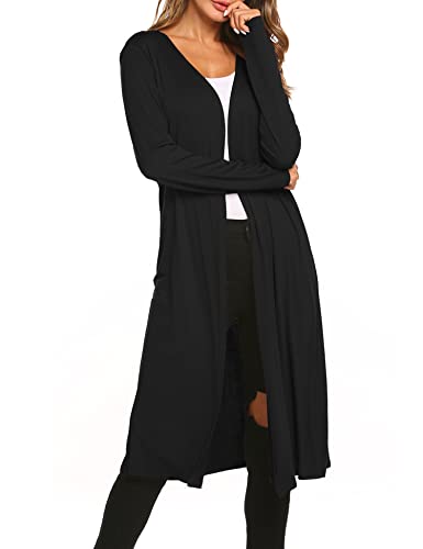 Bluetime Women Long Open Front Drape Lightweight Maxi Long Sleeve Cardigan Sweater (XL, Black)