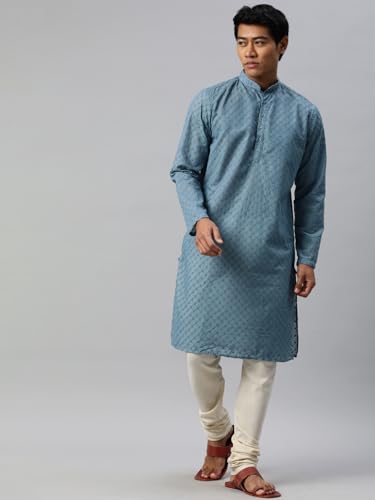 Image of Majestic Man Men's Cotton Blend Regular Fit Casual Polyester Mandarin Collar Ethnic Motifs Embroidered Long Regular Kurta