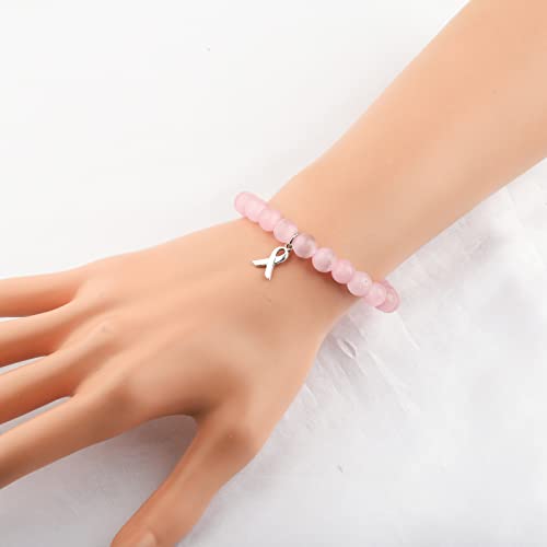 Image of Breast Cancer Awareness Bracelet Pink Rhinestone Ribbon Charm Beads Bracelet Breast Cancer Support Gift (pink FIGHT br)