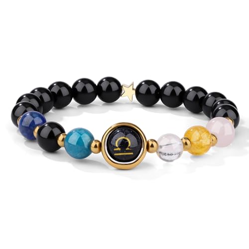 Crystal Vibe Libra Zodiac Bracelet Healing Crystal Constellation Bracelet with Rose Quartz Lapis Lazuli Obsidian Birthday Horoscope Gift
