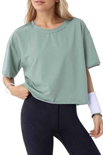 Women's Oversize Workout Crop Tops Casual Short Sleeve Drop Shoulder Boxy T-Shirts Roll Hem Basic Loose for 20252