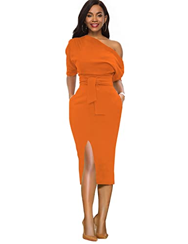 Womens Classy Off Shoulder Short Sleeve Belted Side Slit Midi Pencil Dress with Pockets2