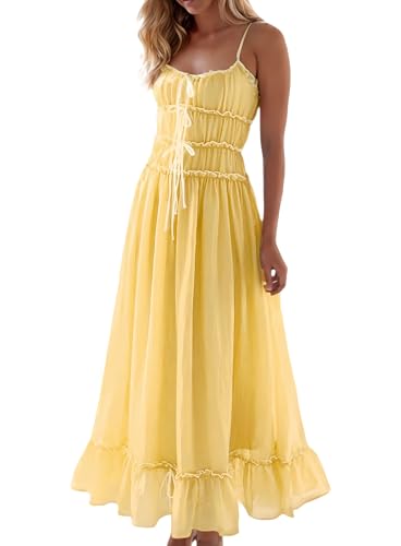 Women Summer Maxi Dress Spaghetti Strap Y2k Cute Ruffle Tiered Wedding Guest Flowy Dress Vacation Cruise Resort Outfit