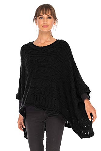 Image of SHU-SHI Womens Oversized Cable Knit Sweater Cowl Neck Sleeved Poncho Topper Boho Casual