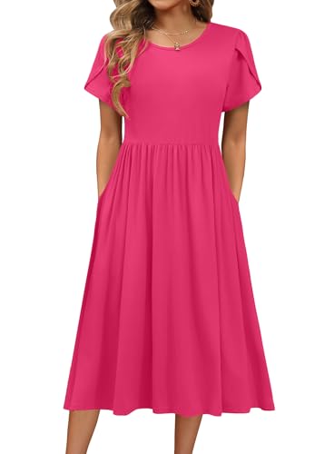 Image of HOTOUCH Women's Summer A-Line Midi Dresses 2026 Casual Floral Short Sleeve T-Shirt Dress Flowy Beach Sundress with Pockets