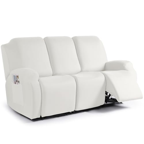 Image of TAOCOCO Recliner Couch Covers 3 Pieces, Stretch Sofa Covers for 3 Seat Reclining Couch, Polyester Fabric Recliner Covers Soft Washable Furniture Protector with Pockets (3 Seat, Milk White)