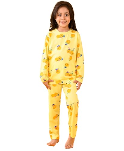 Image of ANTHRILO Summer Pyjama Set for Girls | 100% Cotton, Skin Friendly Fabric | Pyjama Set for Girls | Casual Wear | Cherry Yellow Long Sleeve Pyjama Set - Yellow 0-6 Months