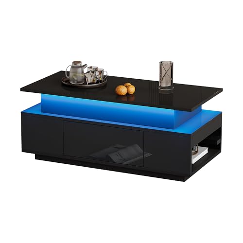 QSOST Table Basse Relevable avec Éclairage LED et Rangement Caché – Table de Salon Moderne Noire Brillante, Tiroir et Plateau Hydraulique, 96 x 45 x 40 cm,...