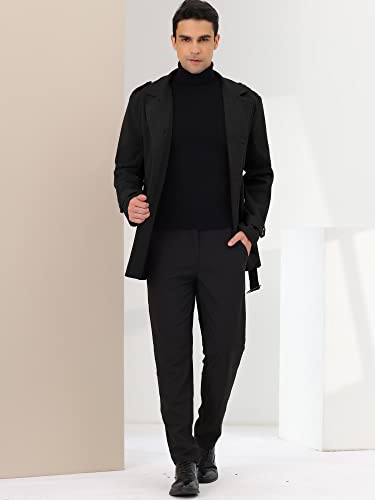 Image of Lars Amadeus Men's Black Pea Coat Slim Fit Notch Lapel Double Breasted Trench Coat with Belt Medium
