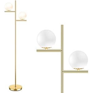 Mid Century Floor Lamp - 2 Globe Modern Standing Lamp with Foot Pedal Frosted Glass Stand Up Lights for Living Room