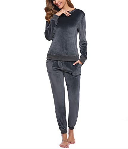 Totatuit Jogging Suits For Women 2 Piece Set Velour Tracksuit Crewneck Warm Winter Tops Long Sweatpants Casual Loungewear Solid Athletic Sweatsuit Gray Medium #TOP12