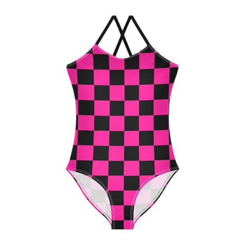 Image of Black and White Chess Girls One Piece Swimsuits Board Marble Tile Sport Halter Swimwear Beach Bathing Suit 3T