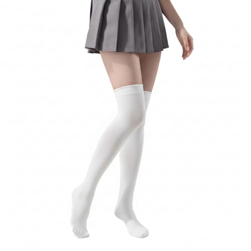 Makii Womens Knee High Plain Stripe Stripy Socks - Ladies Thigh High OTK Long Socks Casual For Daily Wear Cosplay Size 4-6 (UK Numeric 4 6 Regular Regular Plain White)