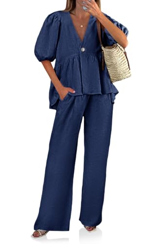 Tankaneo Womens 2 Piece Linen Sets Summer Vacation Outfits V Neck Puff Sleeve Babydoll Tops Wide Leg Pants Matching Sets Navy