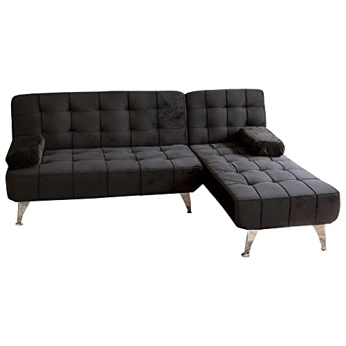 Visual Stocks Sofá Cama Chaise Longue con 2 Cojines- XS 3 plazas - 198x146x75 cm - Chaise Longue - En Terciopelo Negro - Mod. XS Reclinable y Cama.