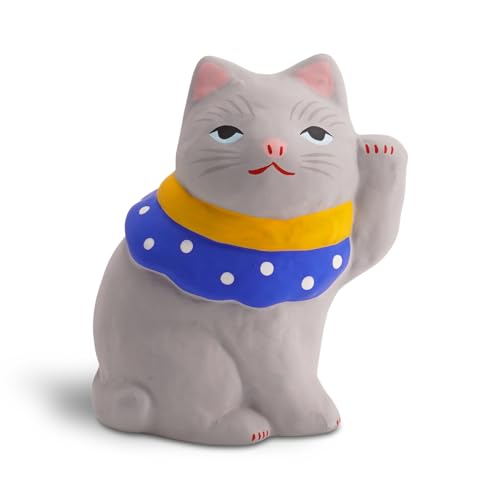 COTONOHA Seto Ware Maneki Neko Cat Figurine – Handmade Shelf Decor Ceramic Lucky Cat from Japan, 3.7 inch Tall (Gray)