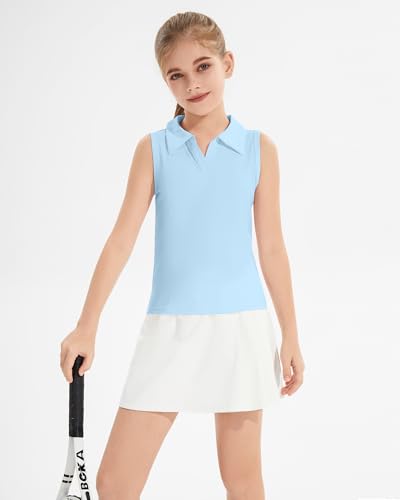Image of Girls Sleeveless Polo Shirts, Kids V Neck Golf Shirts Blouses, Quick Dry Athletic Girls Tennis Tank Tops, Size 5-14