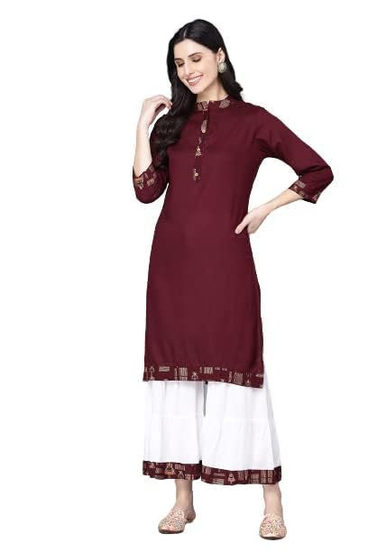 Image of Women Rayon Straight Golden Foil Printed Kurta with Palazzo || Kurti with Palazzo Set for Casual Party & Festival Wear in Round Neck with 3 /4 Sleeve for Girls
