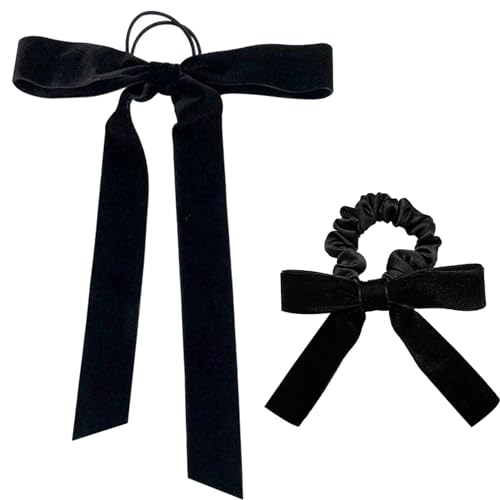 MEITREND Velvet Hair Bands School Hair Streamer Hair Bobbles Girls Hair Accessories Ponios Ponytail Holder For Curly Hair And Thick Hair,Black Hair Bows with Band For Outfit Uniform (B)