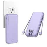 Nusyddy Portable Charger, 10000mAh PD20W Fast Charging Power Bank with Built-in Cables & Wall Plug, Travel Essential External Battery Pack, USB C Battery Phone Charger for iPhone, iPad, Samsung Purple