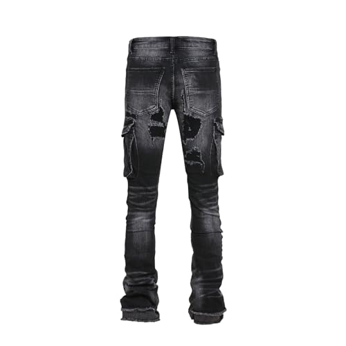 Men's Trendy Hole Filled Elastic Mid Waist Denim Workwear Pocket Jeans2